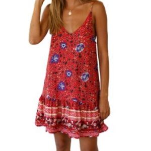Boho Floral Slip Dress - Red